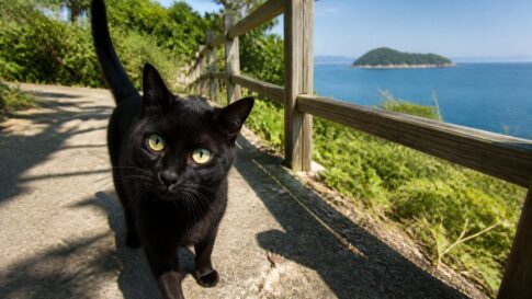 海を見下ろす猫島の山道で近づいてくる黒猫のイメージ画像
