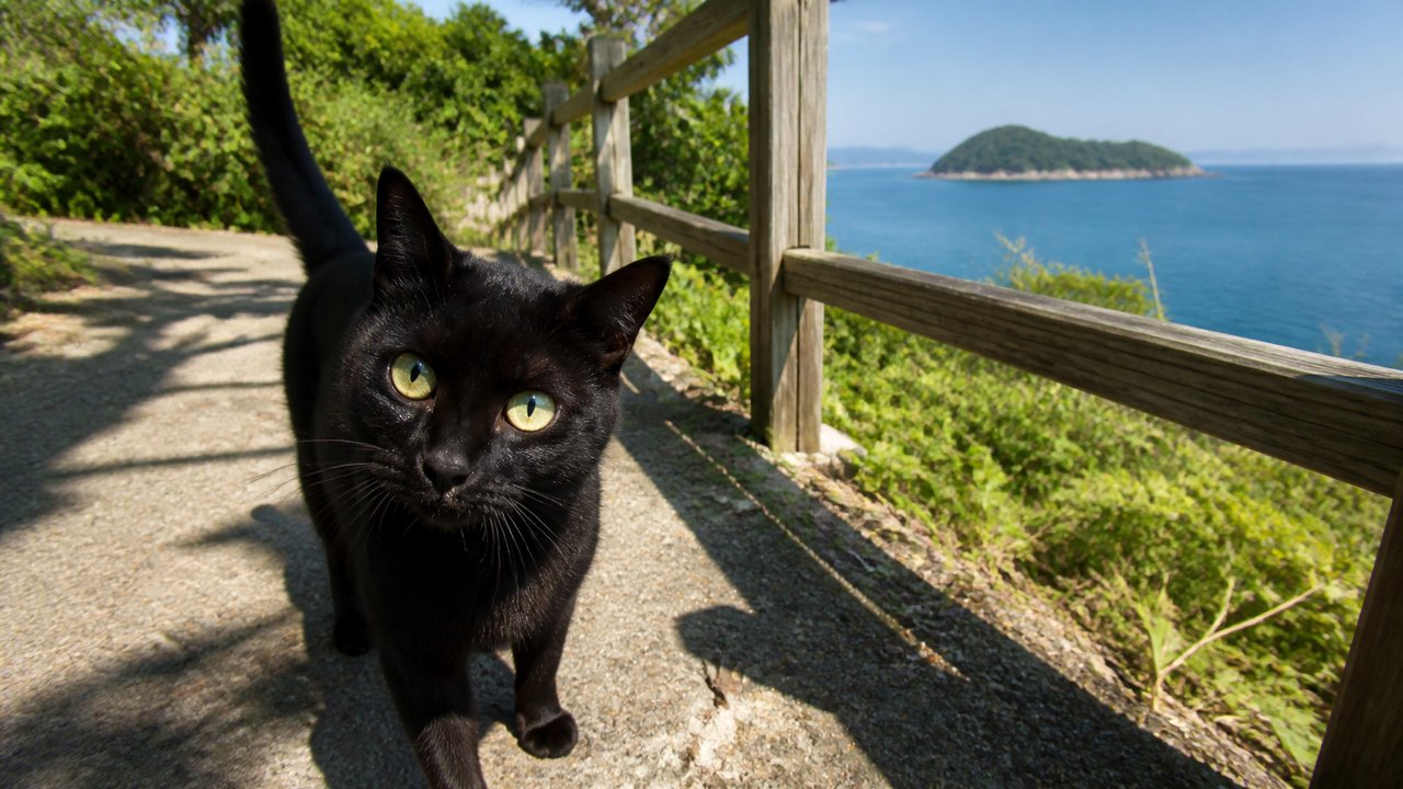 海を見下ろす猫島の山道で近づいてくる黒猫のイメージ画像