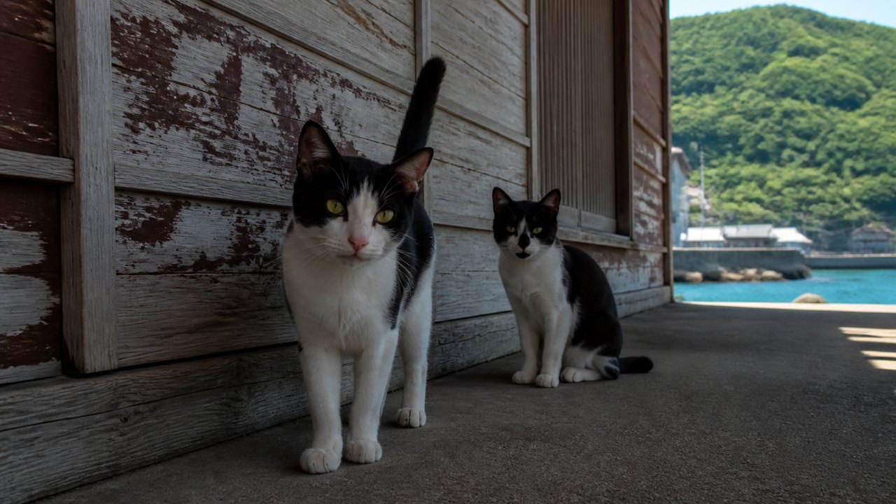 猫島の港の日陰で過ごす黒白猫たちのイメージ画像