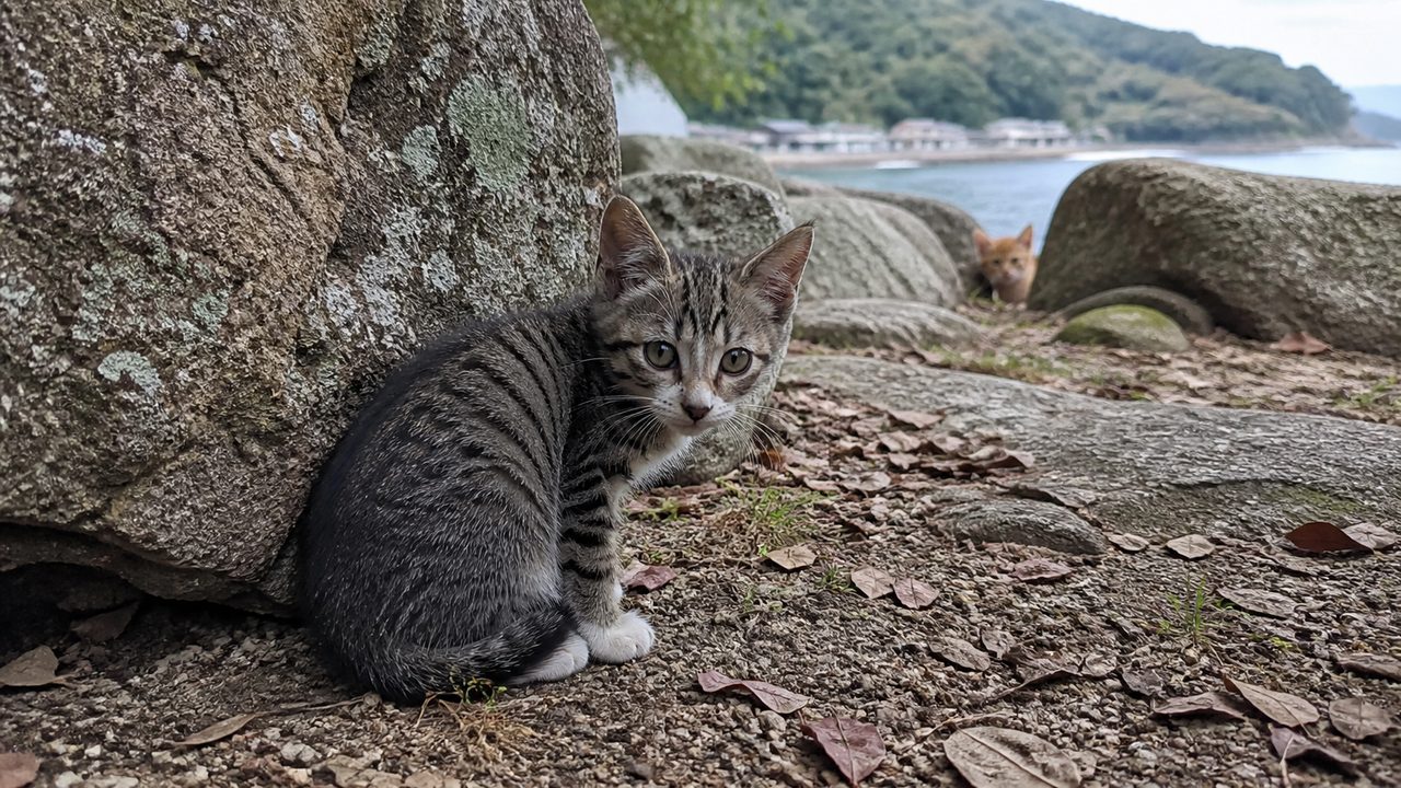 岩陰で少し緊張して座るキジトラ子猫と奥の茶トラ子猫のイメージ画像