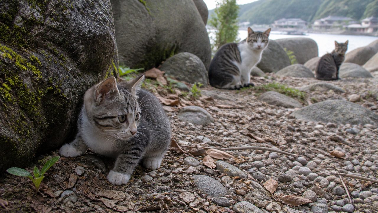 猫の集まりを遠くに見ながら岩陰で身を低くするキジトラ子猫のイメージ画像