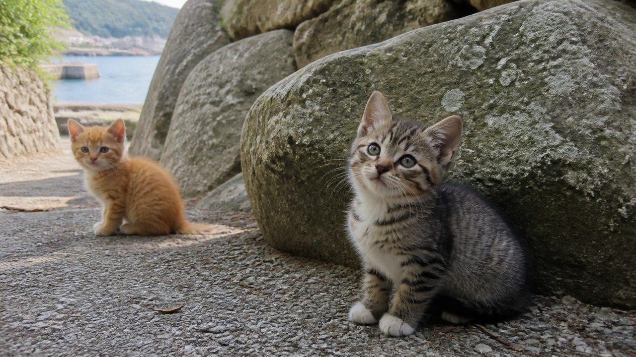 港の見える岩場で少し落ち着いたキジトラ子猫と茶トラ子猫のイメージ画像