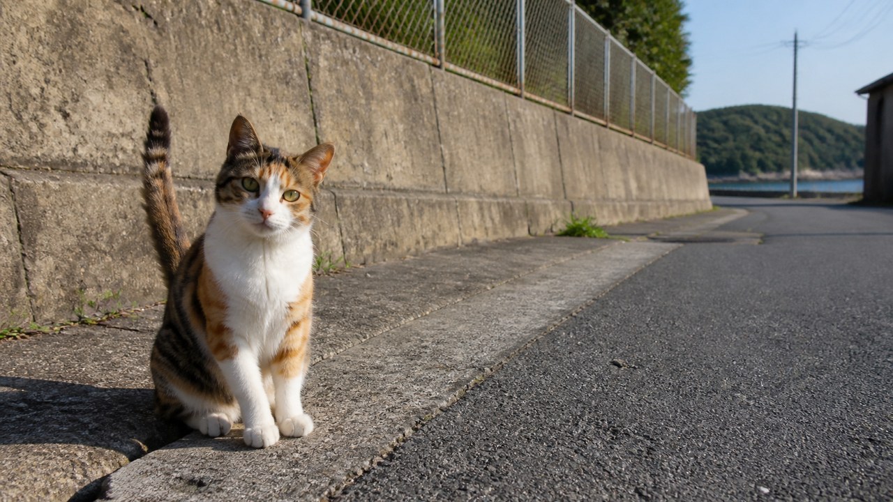 道路脇のコンクリート壁そばで座る三毛猫のイメージ画像
