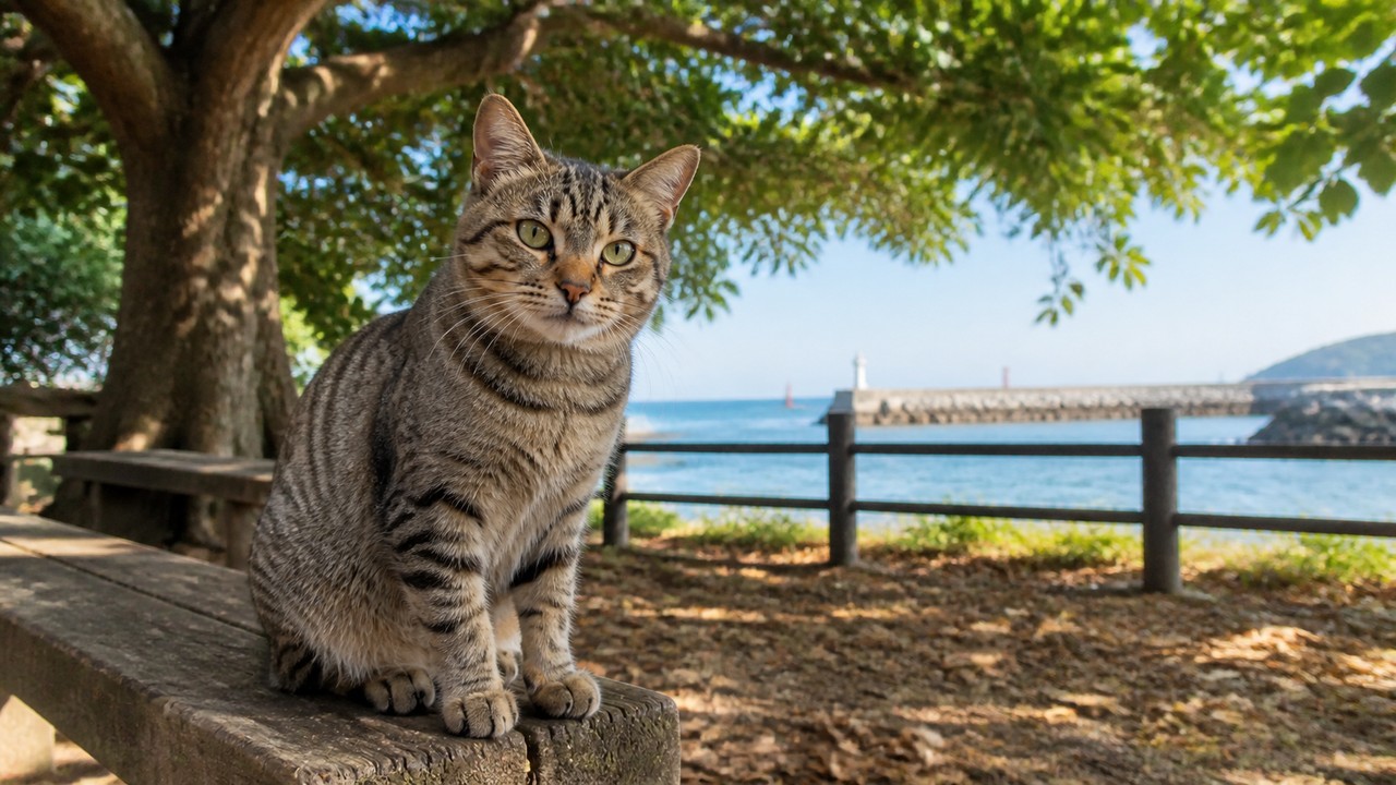 海辺の木陰のベンチに座るキジトラ猫のイメージ画像