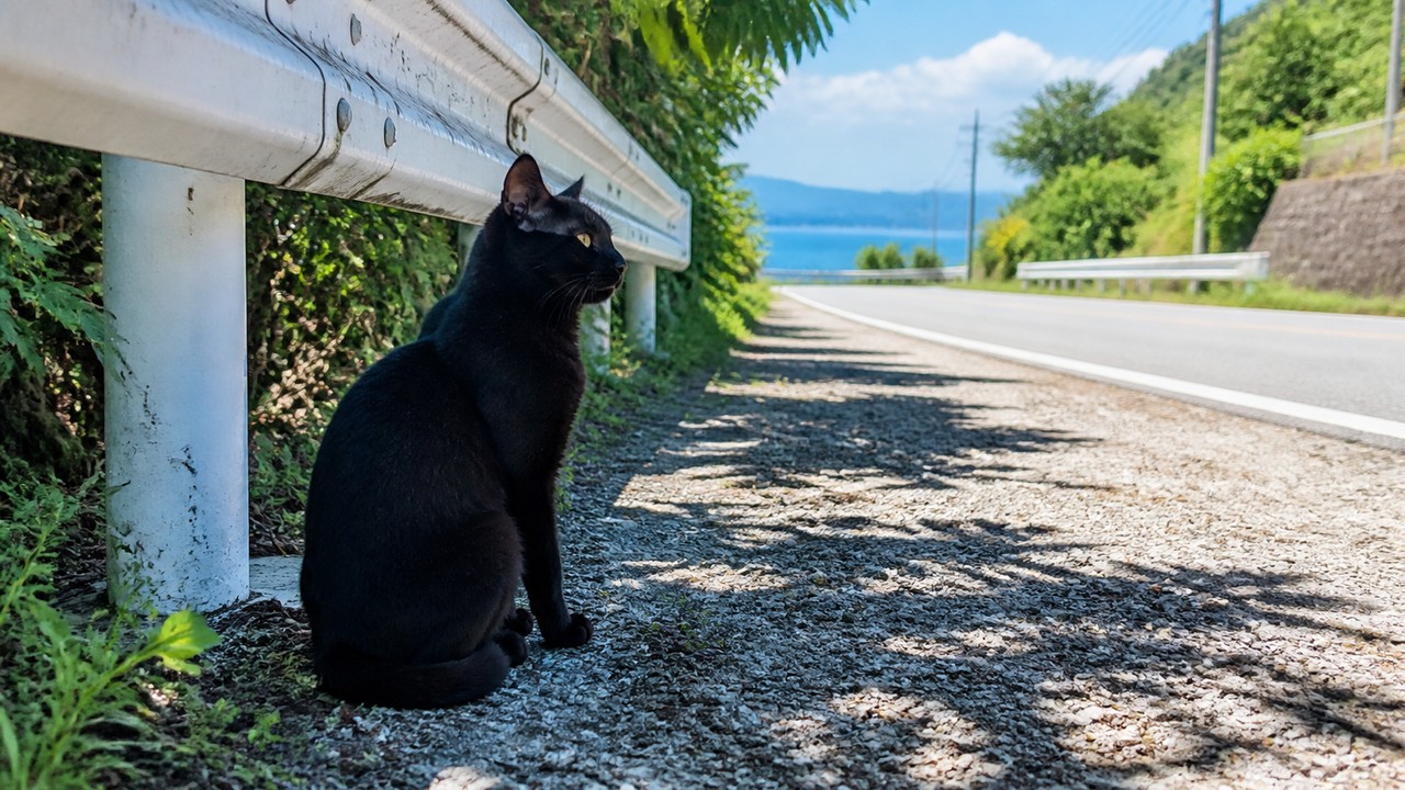 猫島の海沿いの小さな日陰に座る黒猫のイメージ画像