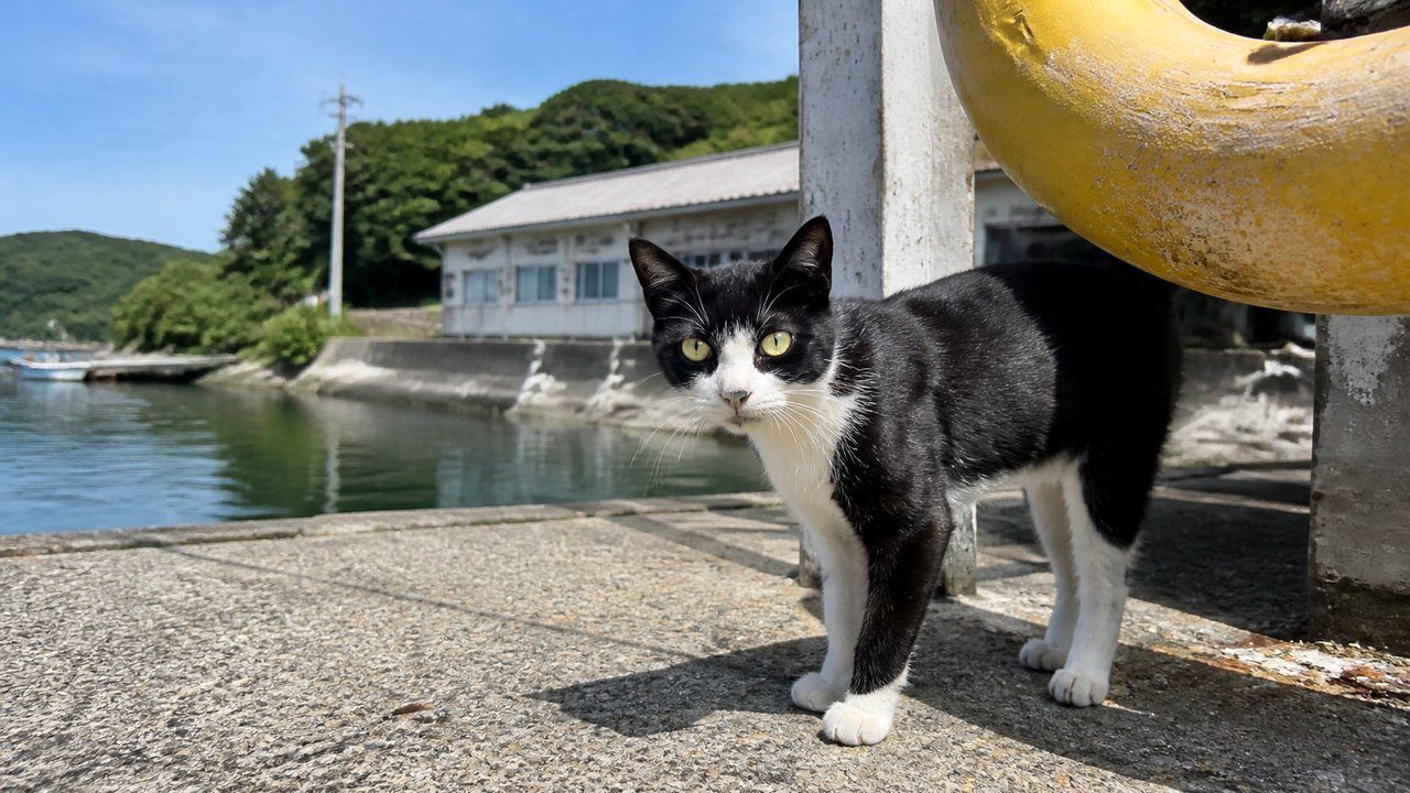 港具のそばに立つ白黒猫のイメージ画像