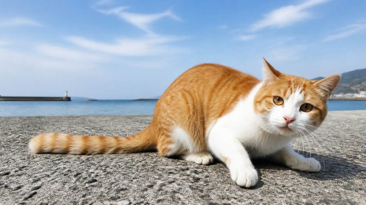 海辺の岸壁で身を低くする茶白猫のイメージ画像