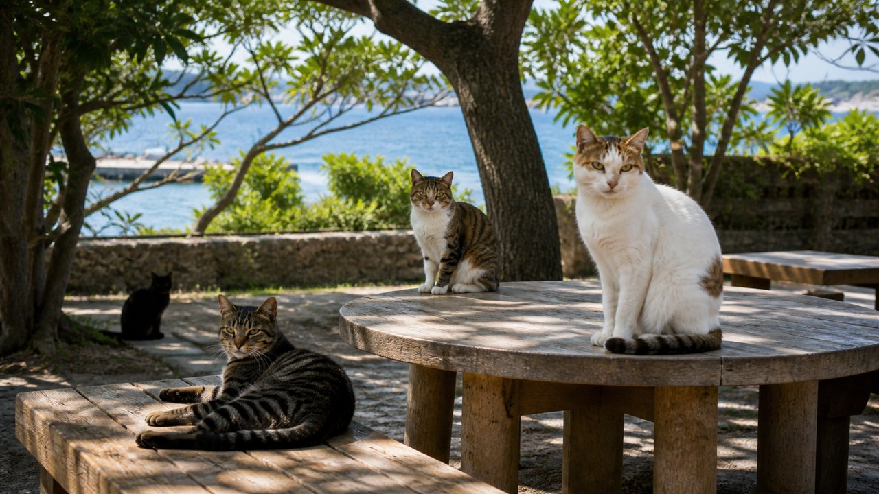 海の見える木陰のテーブルに集まる猫島の猫たちのイメージ画像