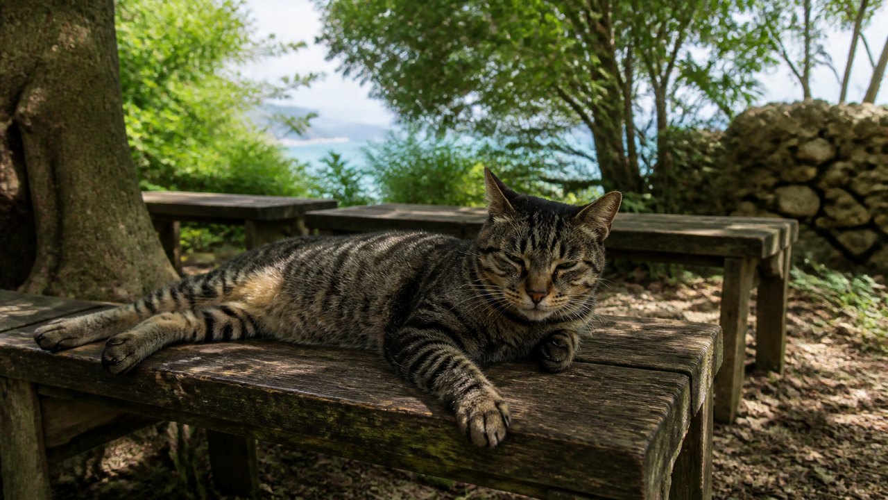 木陰のベンチでくつろぐ濃いキジトラ猫のイメージ画像