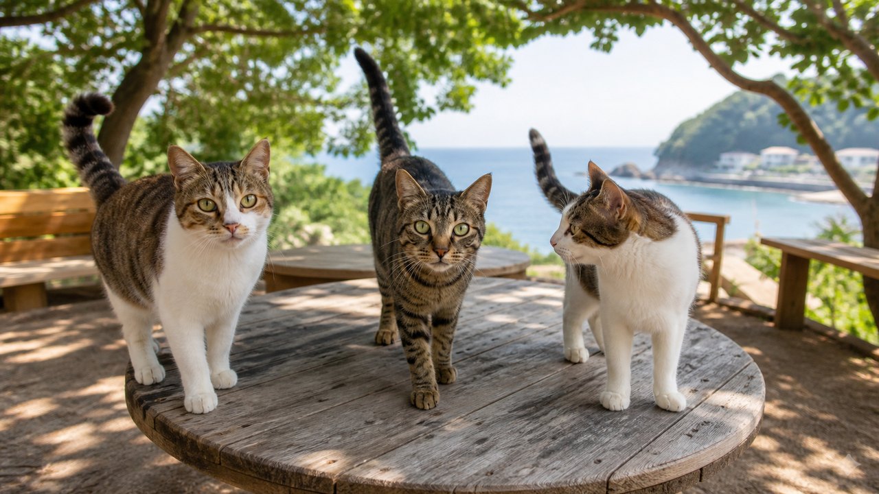 猫島の木陰の屋外猫カフェに集まる猫たちのイメージ画像