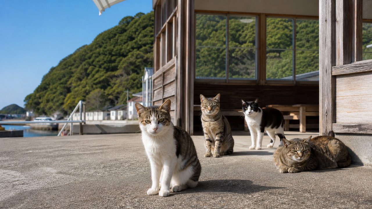 猫島の港待合所の前に集まる地域猫たちのイメージ画像