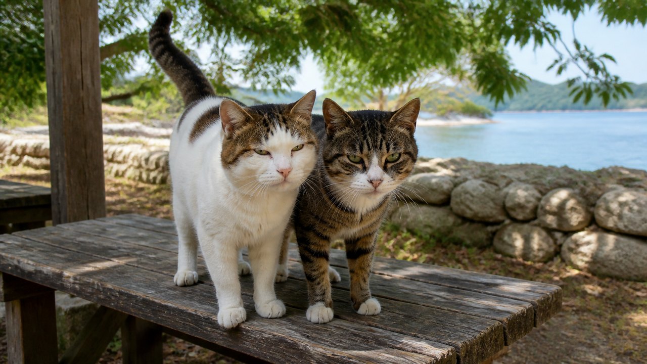 猫島の海が見える木製ベンチに並ぶ猫たちのイメージ画像