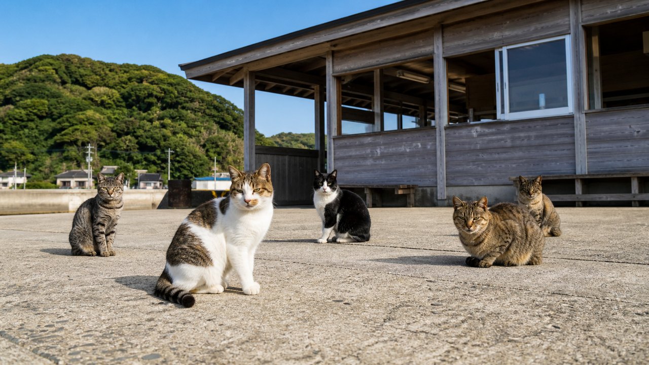 木造の港待合所の前に集まる猫島の地域猫たちのイメージ画像