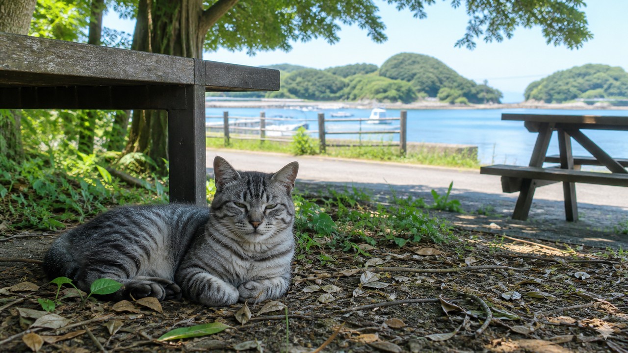 木陰の落ち葉の上でくつろぐキジトラ猫のイメージ画像