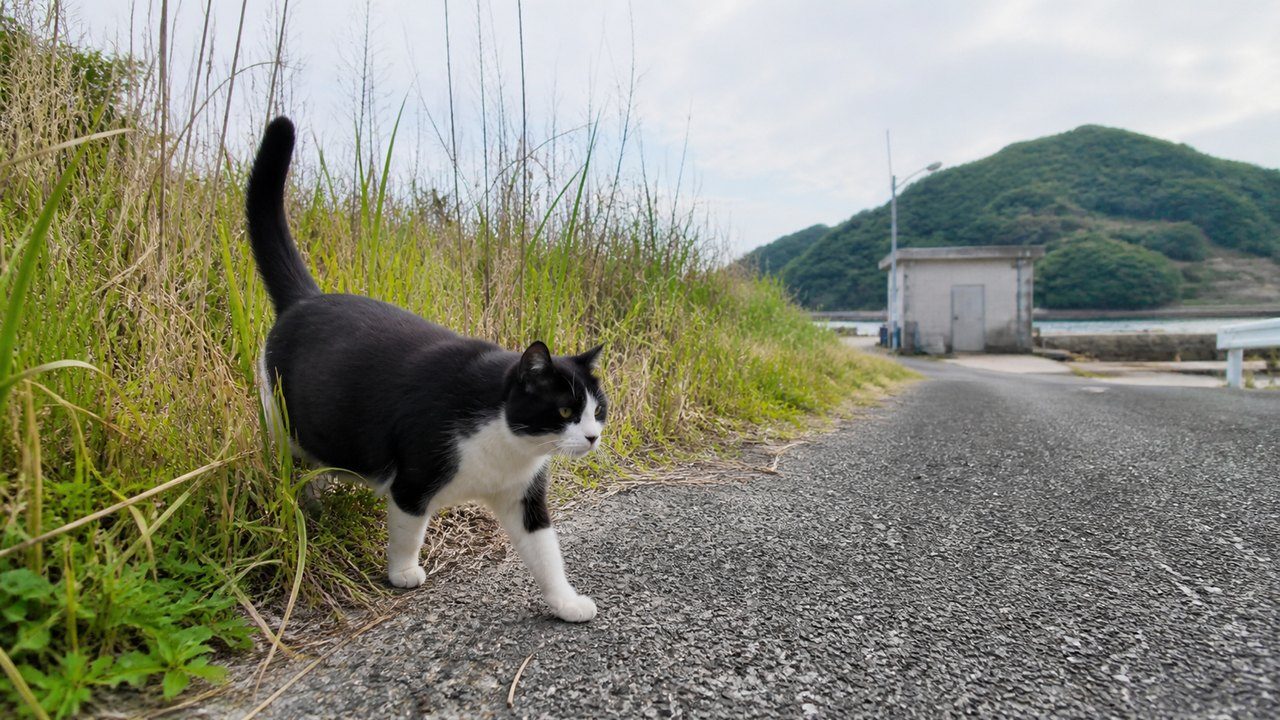 草むらから海辺の道へ出てくる黒白猫のイメージ画像