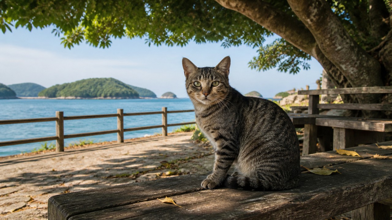 青い海を背景に木製ベンチで振り向くキジトラ猫のイメージ画像