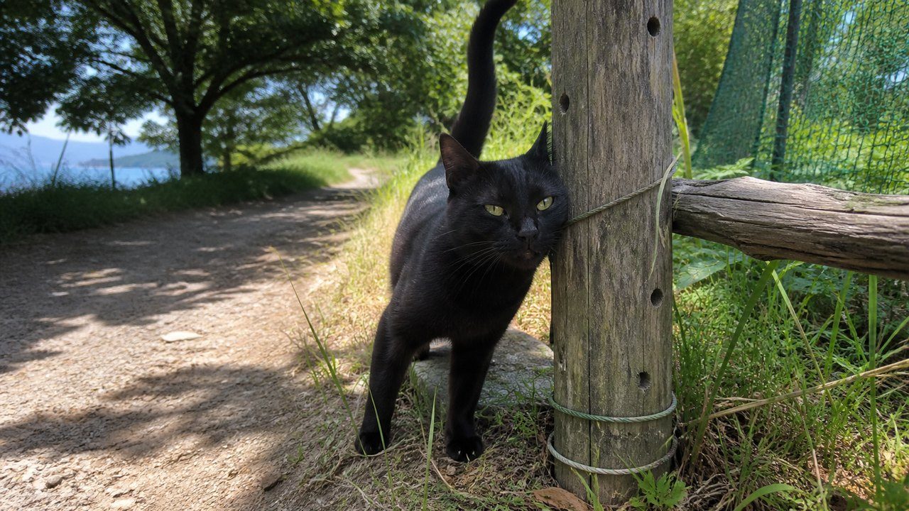 木柵の支柱に頬を寄せる黒猫のイメージ画像