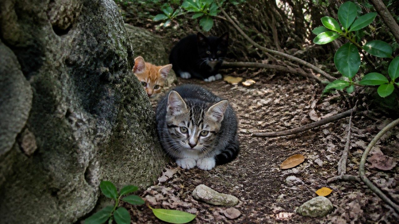 低木の下で身を低くしてこちらを見る灰キジ白の子猫