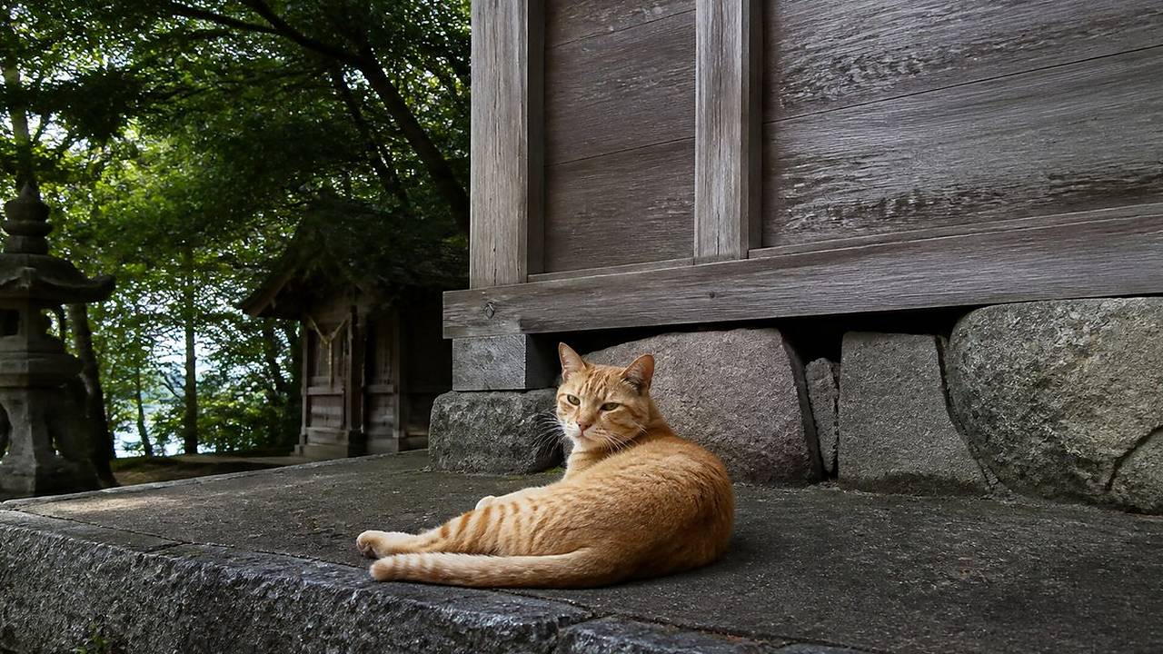 神社の木壁そばで横になる茶トラ猫のイメージ画像