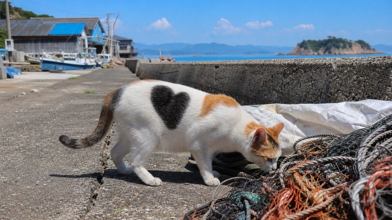 漁港の網やロープの近くを探索する三毛猫のイメージ画像