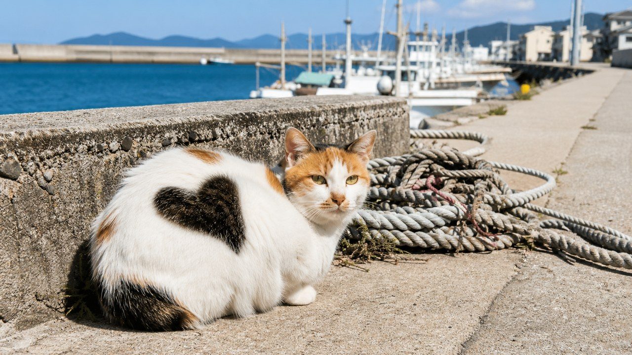 漁港のロープの横で静かに休む三毛猫のイメージ画像