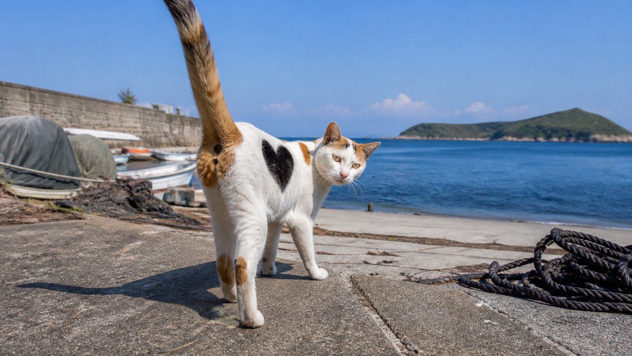 青い海を背景にしっぽを立ててこちらを見る三毛猫のイメージ画像