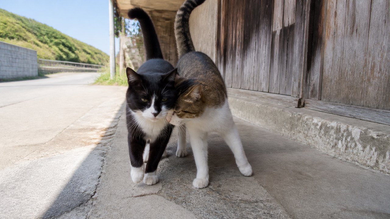港の日陰で肩を寄せ合う黒白猫と白キジ猫のイメージ画像