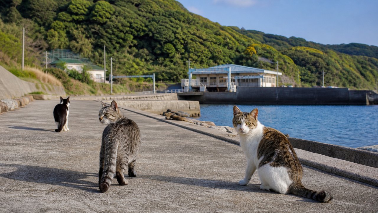 港の桟橋で海を背に振り返る猫島の猫たちのイメージ画像
