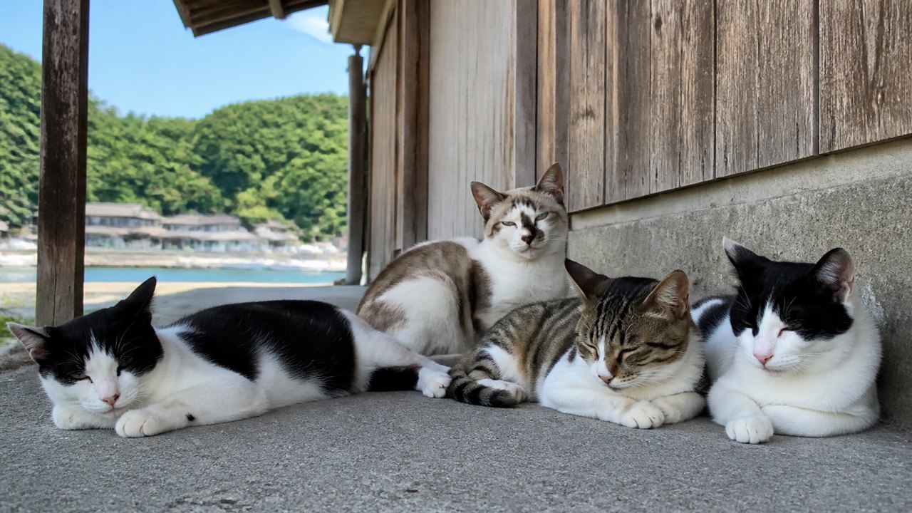 港の建物の日陰で休む猫島の猫たちのイメージ画像