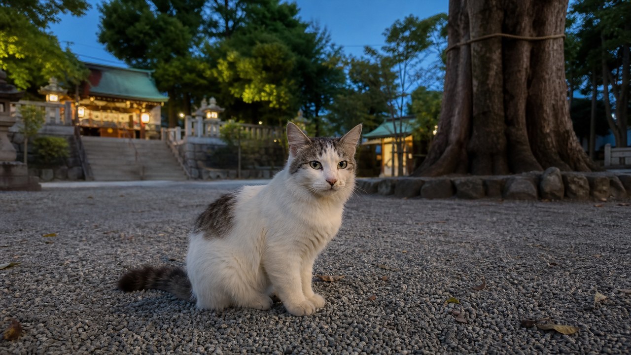 夕方の神社で座る白とグレーの地域猫のイメージ