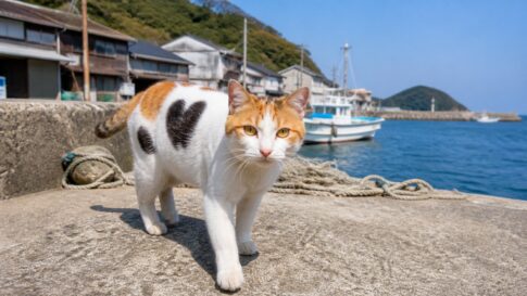 漁港で背中の黒いハート模様が見える三毛猫のイメージ画像