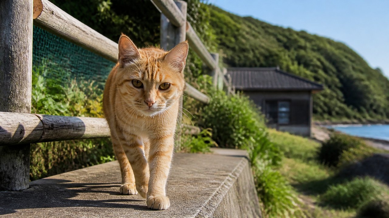 木柵沿いの道で近づいてくる淡い茶トラ猫のイメージ画像