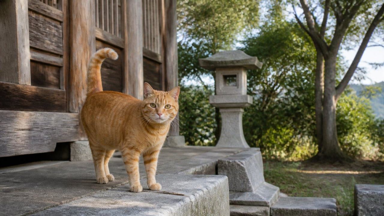 神社の石段に立つ茶トラ猫のイメージ画像