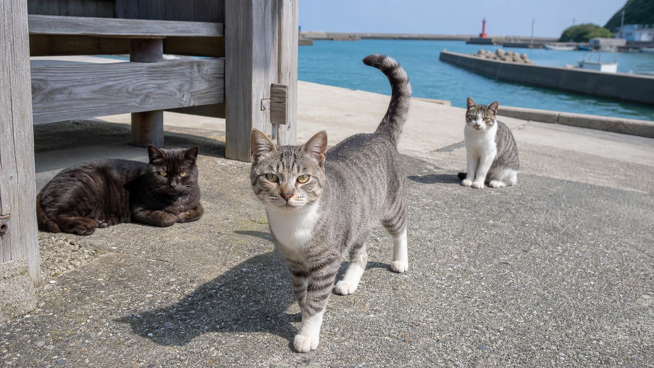 港の木陰でこちらへ歩いてくる灰キジ白の地域猫たち