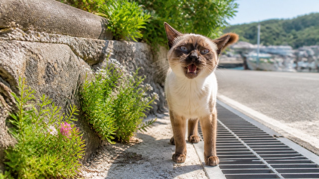 港町の道で鳴きながら見上げるポイント柄の猫のイメージ画像