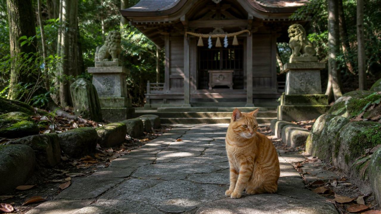 神社の参道で静かに座る茶トラ猫のイメージ画像