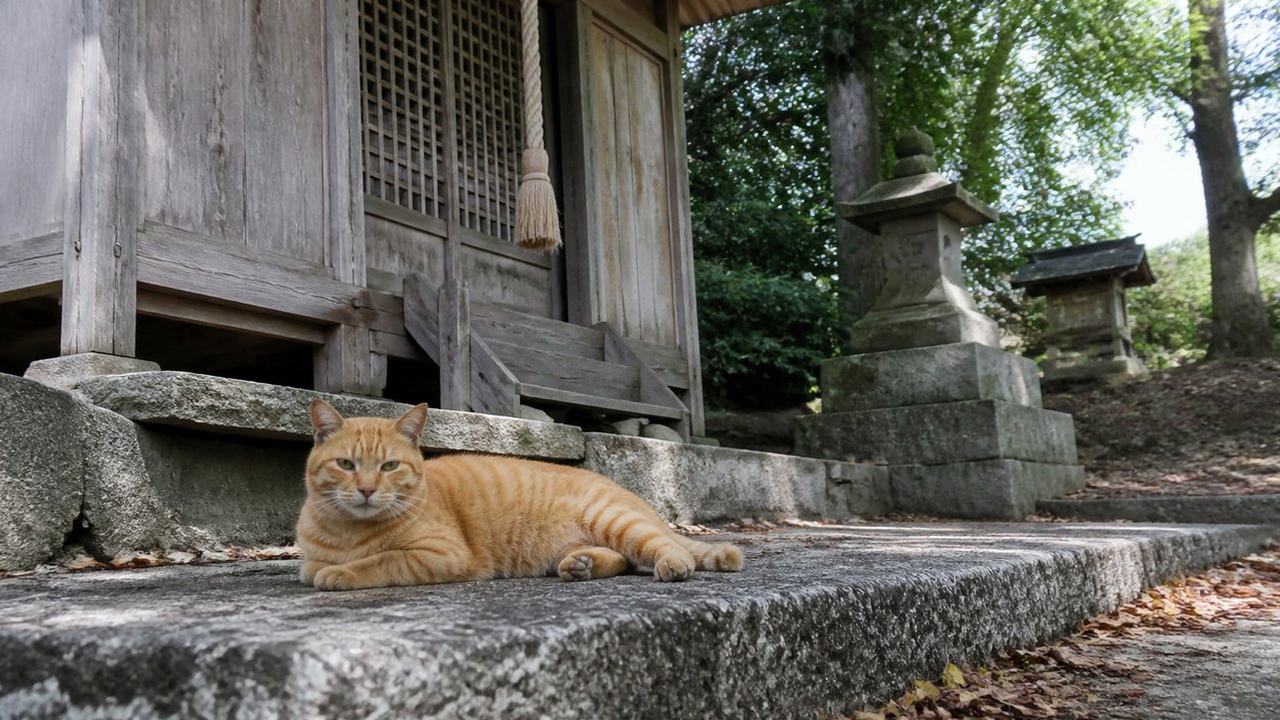 神社の石段で休む茶トラ猫のイメージ画像