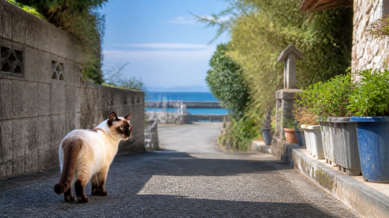 海へ続く猫島の路地で振り返るポイント柄の地域猫のイメージ画像