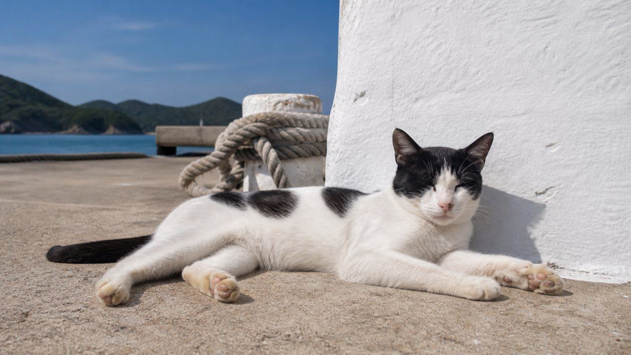 港の白い壁のそばでくつろぐ白黒猫のイメージ画像