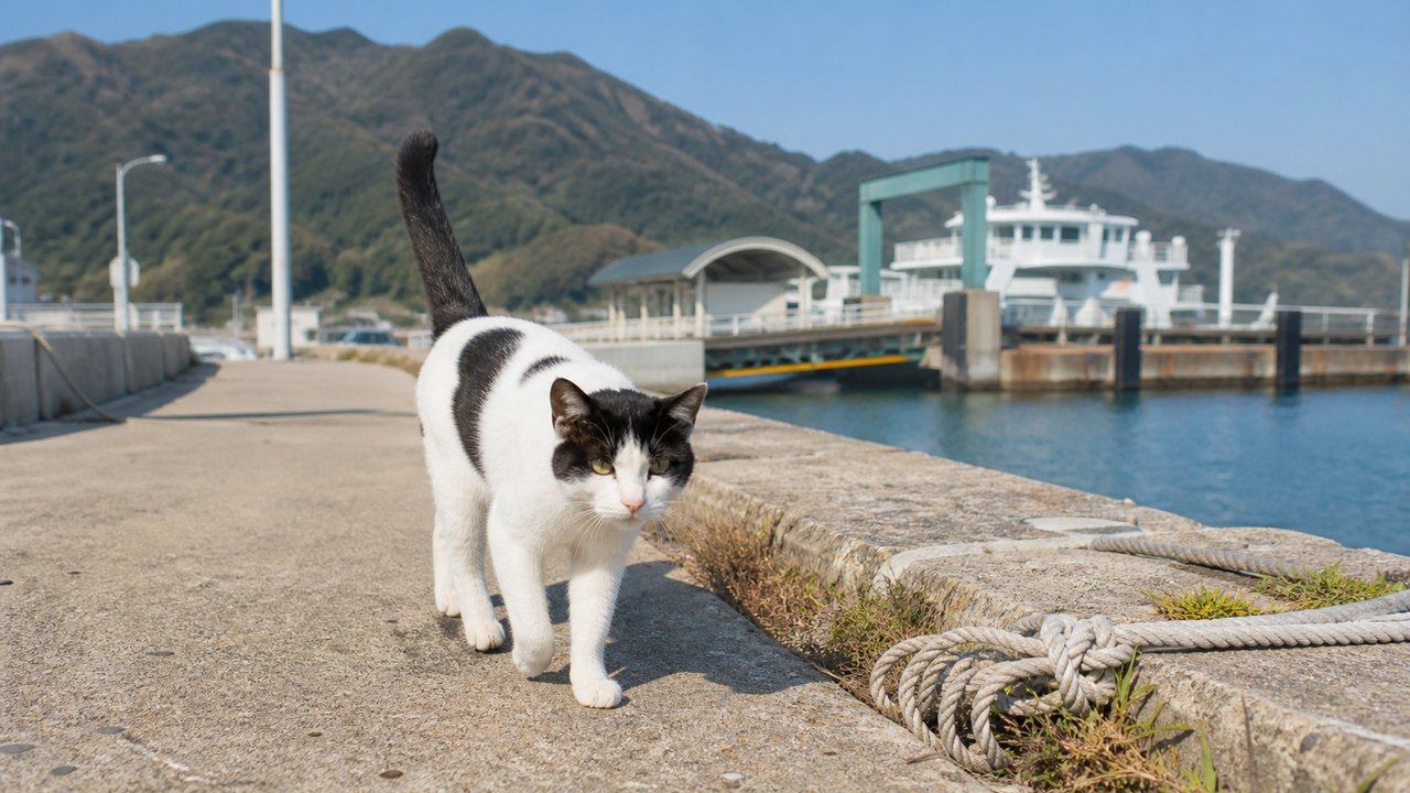 フェリー桟橋近くのロープ沿いを歩く白黒猫のイメージ画像
