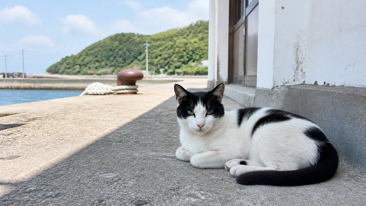 港の建物の日陰で静かに休む白黒猫のイメージ画像