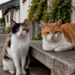 漁港近くの石ベンチで寄り添う三毛猫と茶白猫のイメージ画像