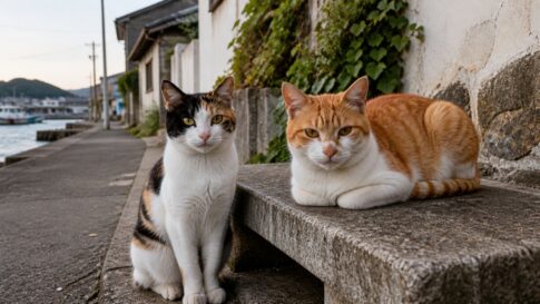 漁港近くの石ベンチで寄り添う三毛猫と茶白猫のイメージ画像