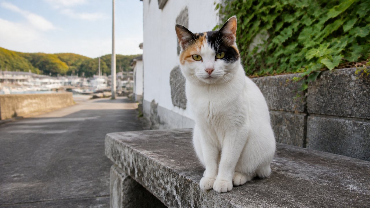 石ベンチに座る白多めの三毛猫と静かな漁港路地のイメージ画像