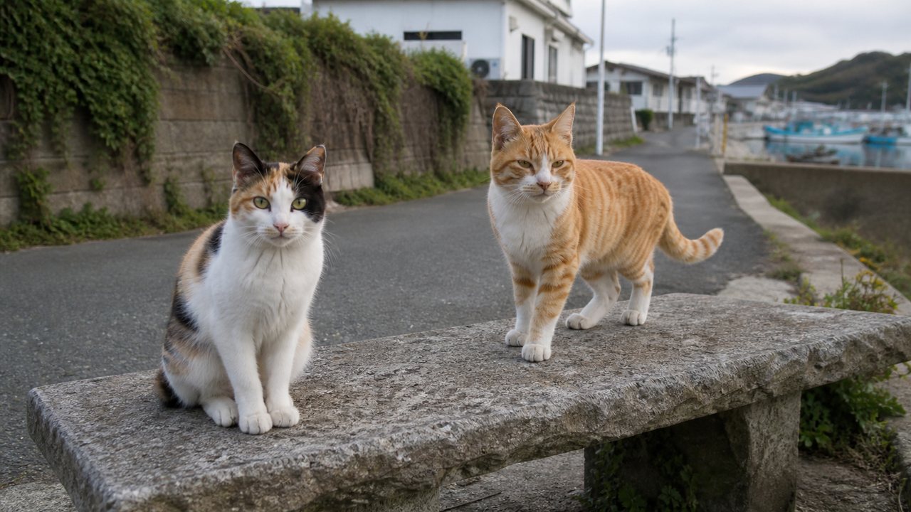 石ベンチの上で並ぶ三毛猫と茶白猫、漁港の路地を背景にしたイメージ画像
