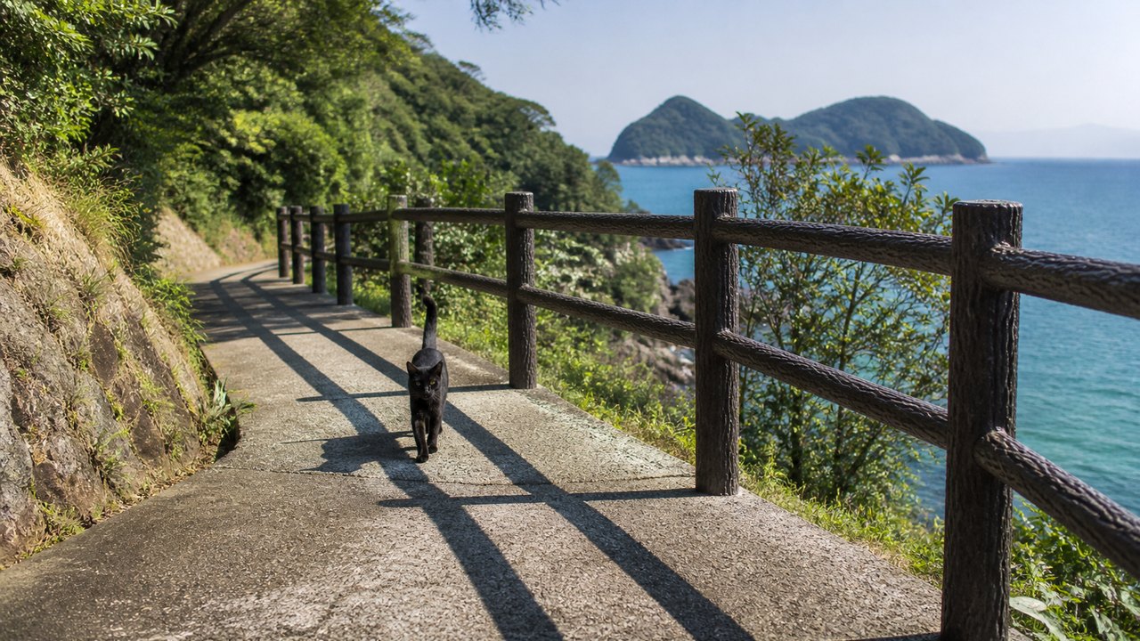 海沿いの山道を歩いてくる黒猫のイメージ画像
