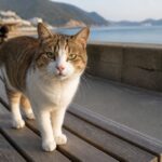 海辺の木製ベンチに立つキジ白の猫のイメージ画像