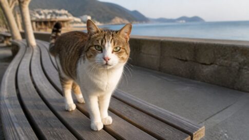 海辺の木製ベンチに立つキジ白の猫のイメージ画像