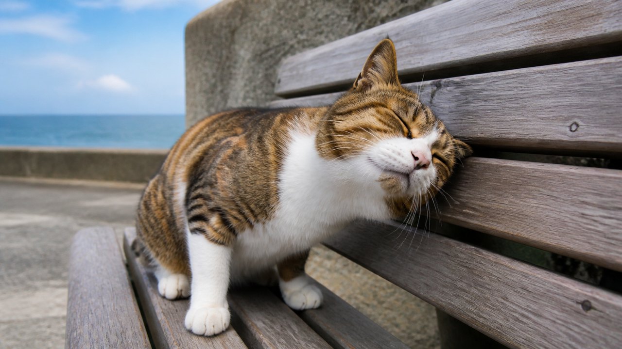 海辺のベンチに頬をすり寄せるキジ白の猫のイメージ画像