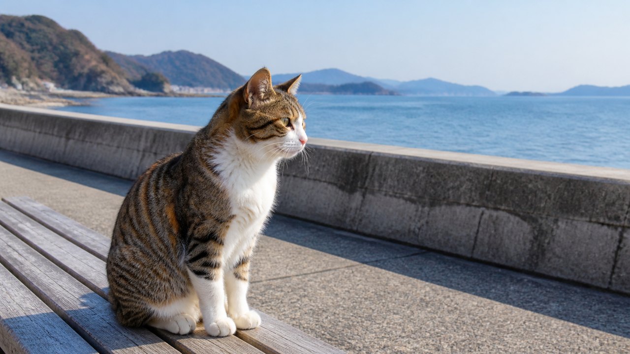 海を眺めるキジ白の猫のイメージ画像